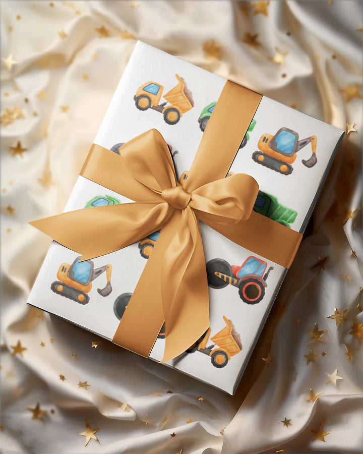 Wrapping paper with white background and cute graphics of construction trucks and vehicles for truck lovers and boys birthday gifts