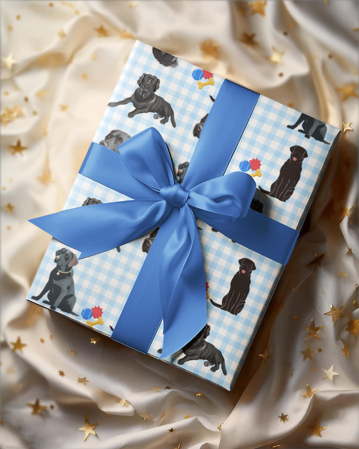 Light Blue gingham with black lab graphics and colored chew toys on wrapping paper- adorable for dog presents or dog lover gifts