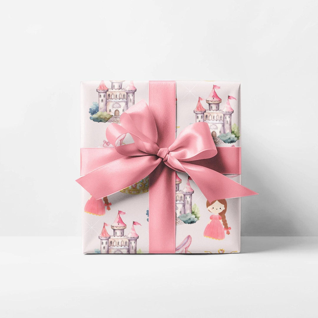 Princess Castle themed wrapping paper with princess, castle, slippers graphics on a light grey background