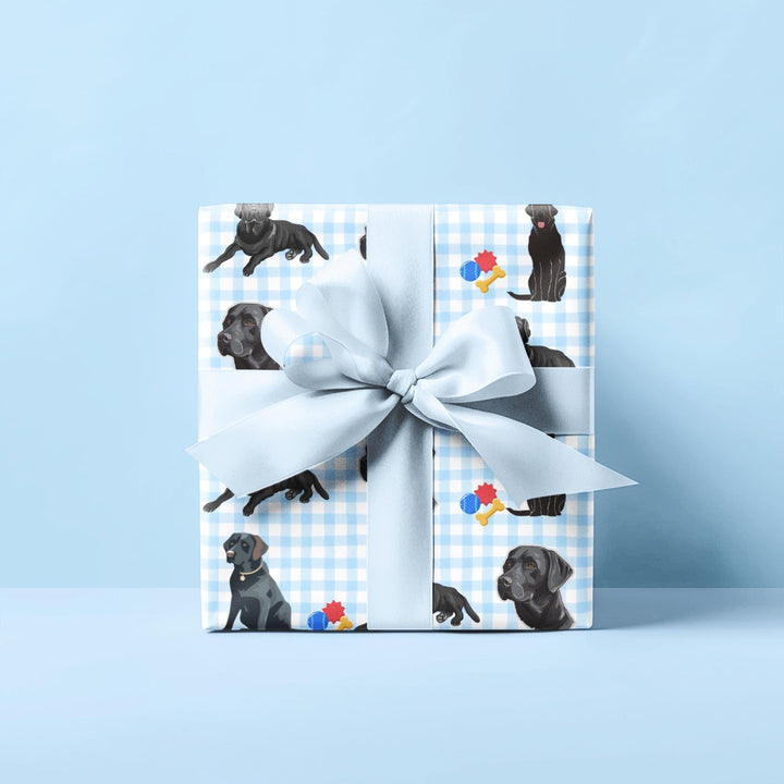 Light Blue gingham with black lab graphics and colored chew toys on wrapping paper- adorable for dog presents or dog lover gifts