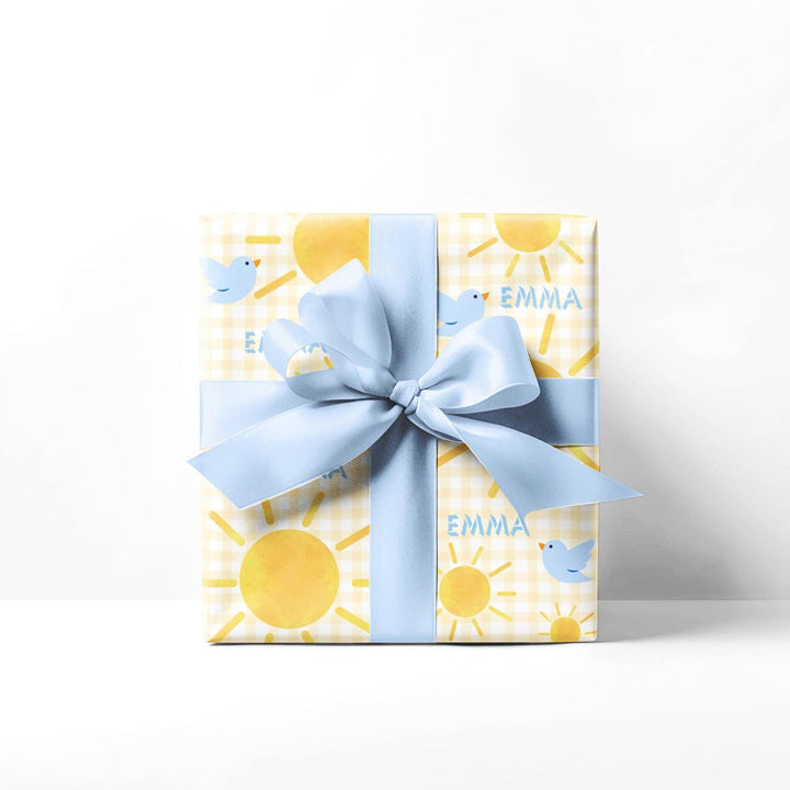 Personalized Yellow Gingham Sunshine & Blue Birds Wrapping Paper