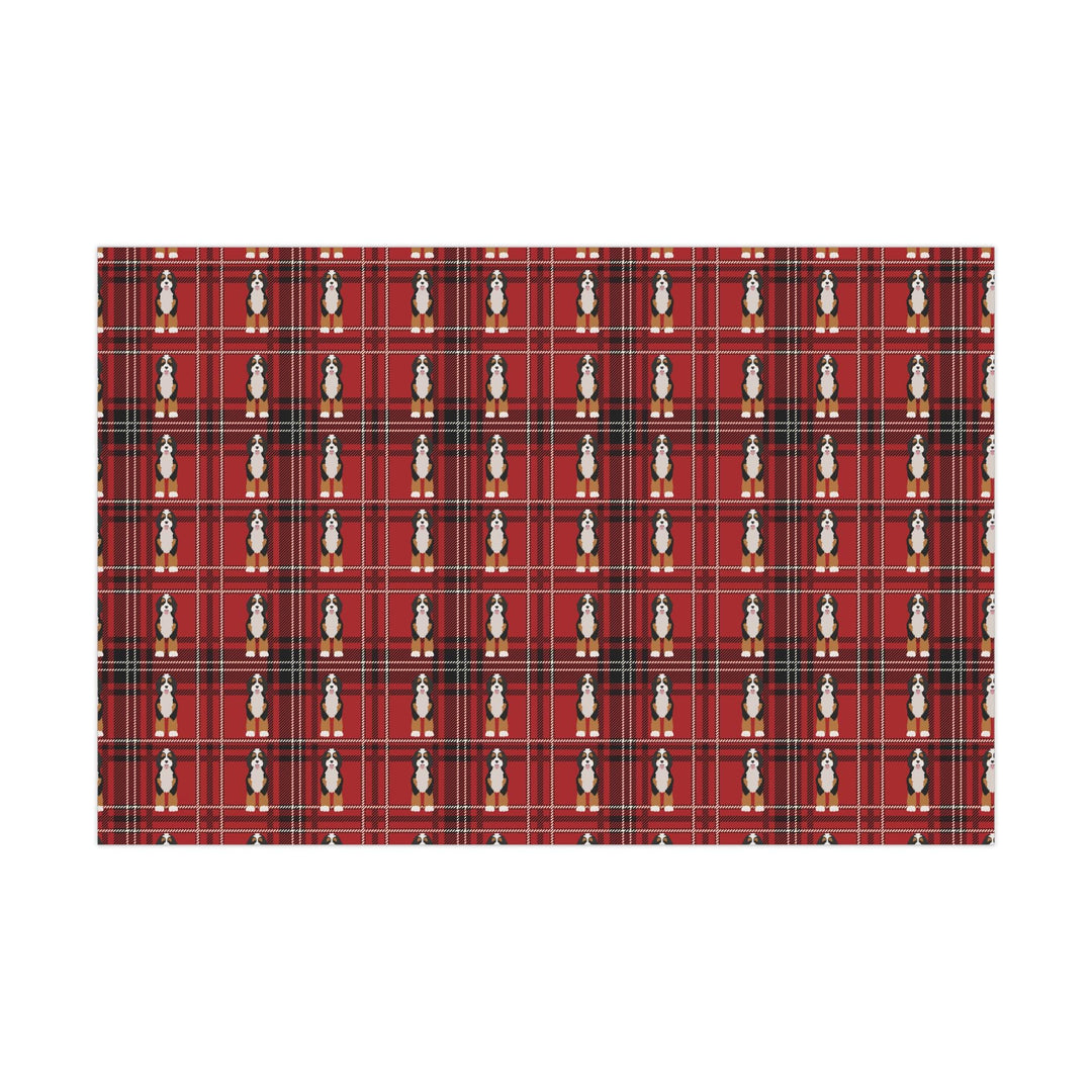 Plaid red and black background with graphics of bernedoodle dogs in a clean pattern wrapping paper