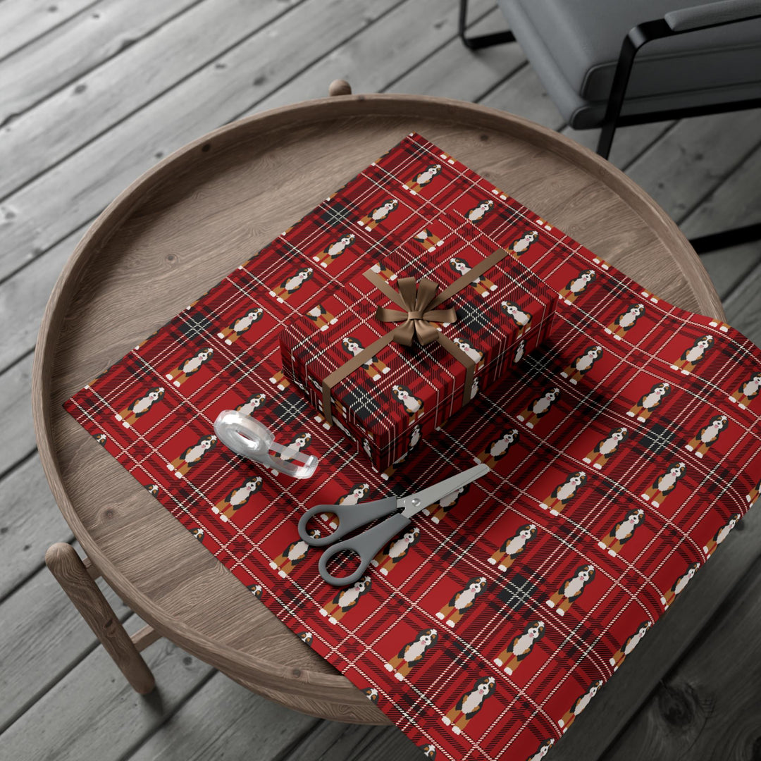 Plaid red and black background with graphics of bernedoodle dogs in a clean pattern wrapping paper