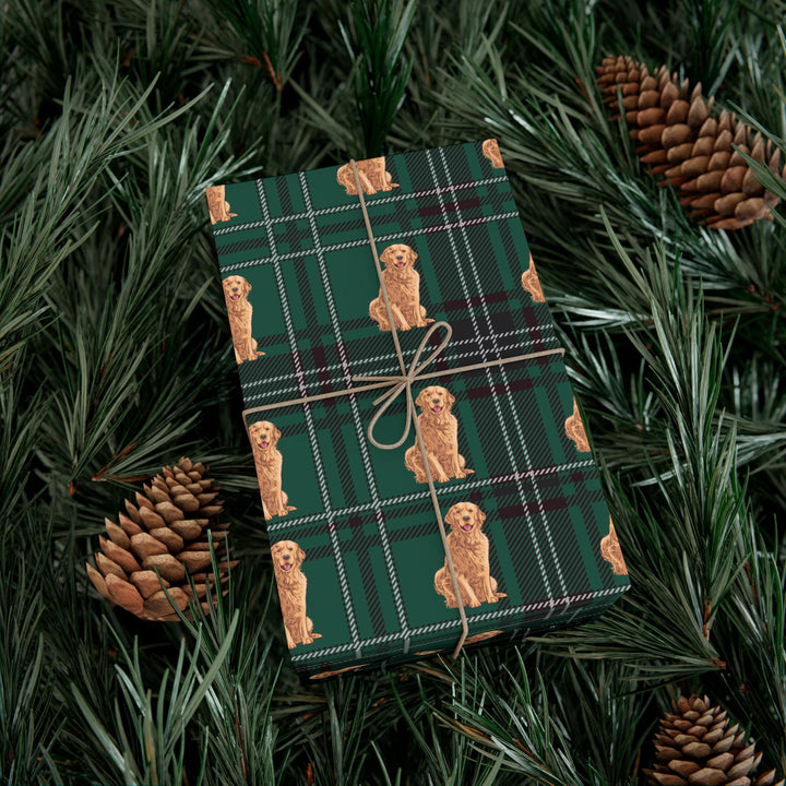 Golden retriever graphics on a beautiful green and white plaid background on wrapping paper