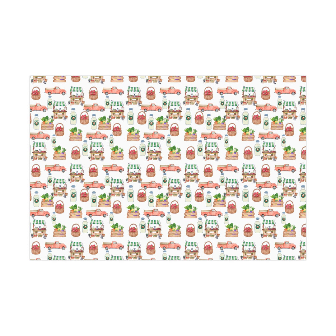 White wrapping paper with adorable watercolor graphics of fresh Produce, Market Stand & Farm Truck