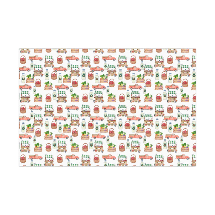 White wrapping paper with adorable watercolor graphics of fresh Produce, Market Stand & Farm Truck