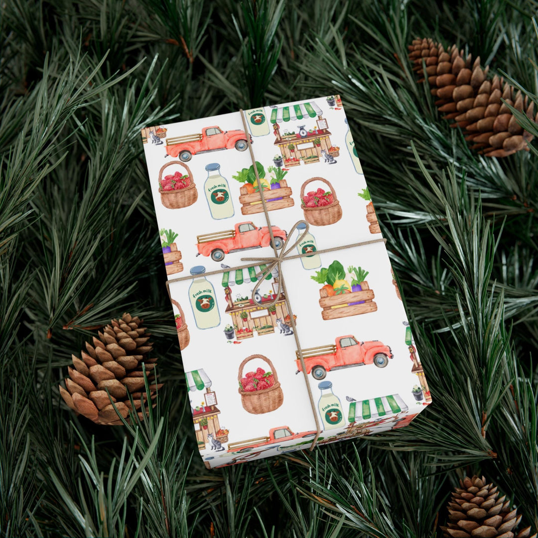 White wrapping paper with adorable watercolor graphics of fresh Produce, Market Stand & Farm Truck