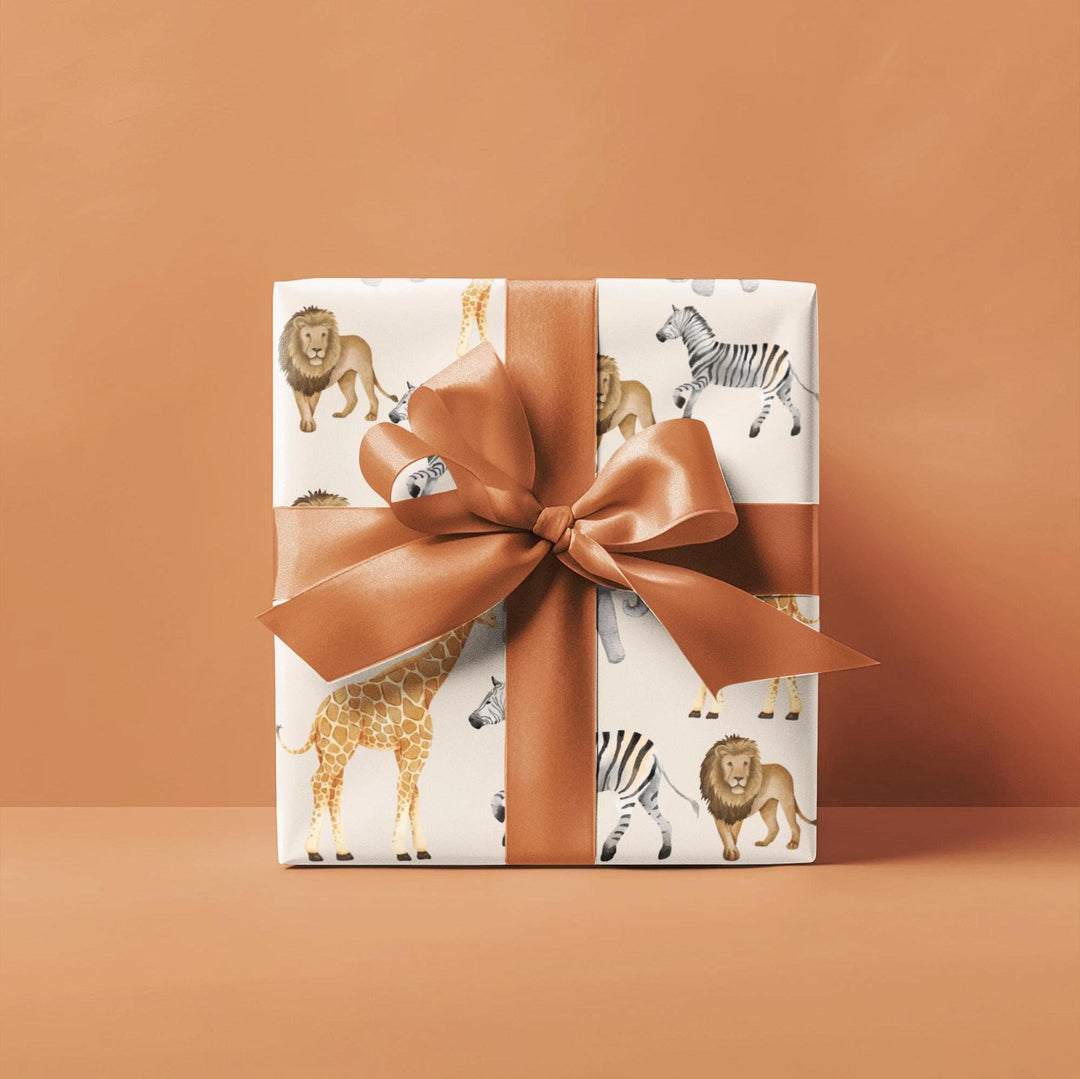 Light beige wrapping paper with safari animals, zebra, lion, giraffe, elephants for birthday wrapping paper