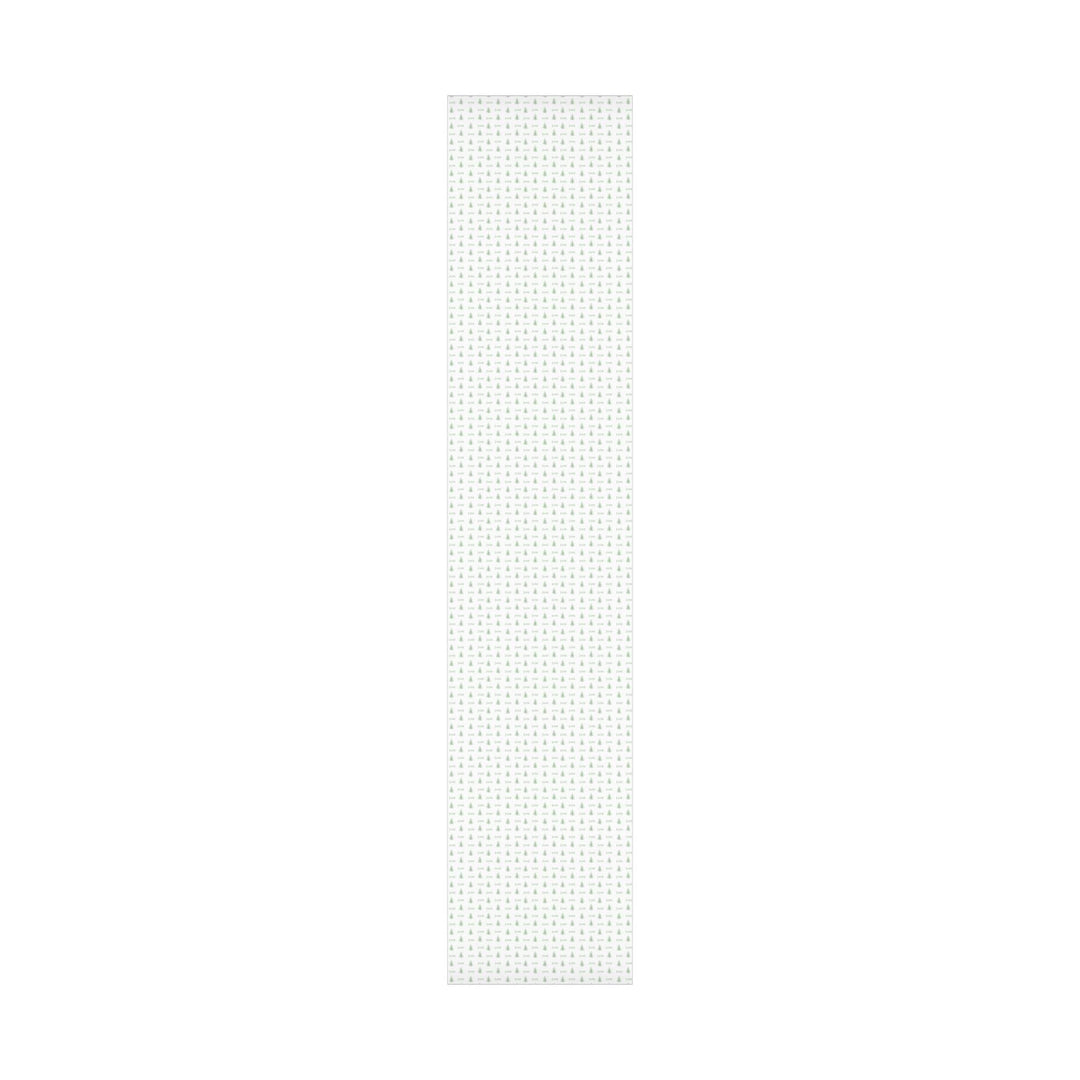 white background with elegant green christmas trees and display font of a personalized name on wrapping paper