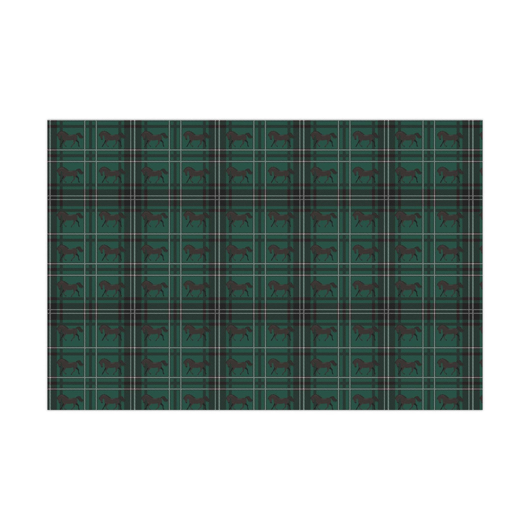 Green plaid with brown horse graphics wrapping paper