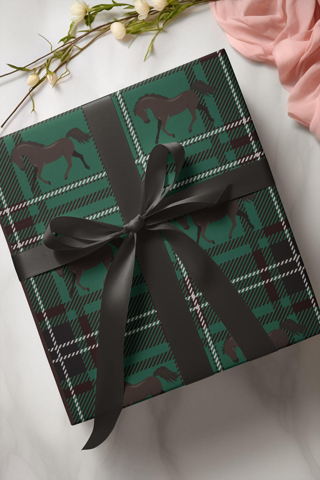 Green plaid with brown horse graphics wrapping paper