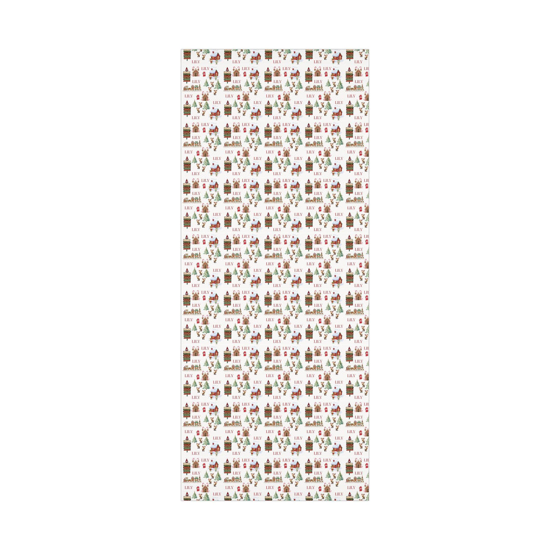 North Pole themed wrapping paper with elf village, reindeers, gingerbread house, North Pole sign, elves, christmas trees, North Pole train