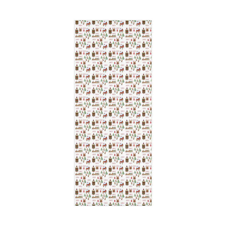 North Pole themed wrapping paper with elf village, reindeers, gingerbread house, North Pole sign, elves, christmas trees, North Pole train