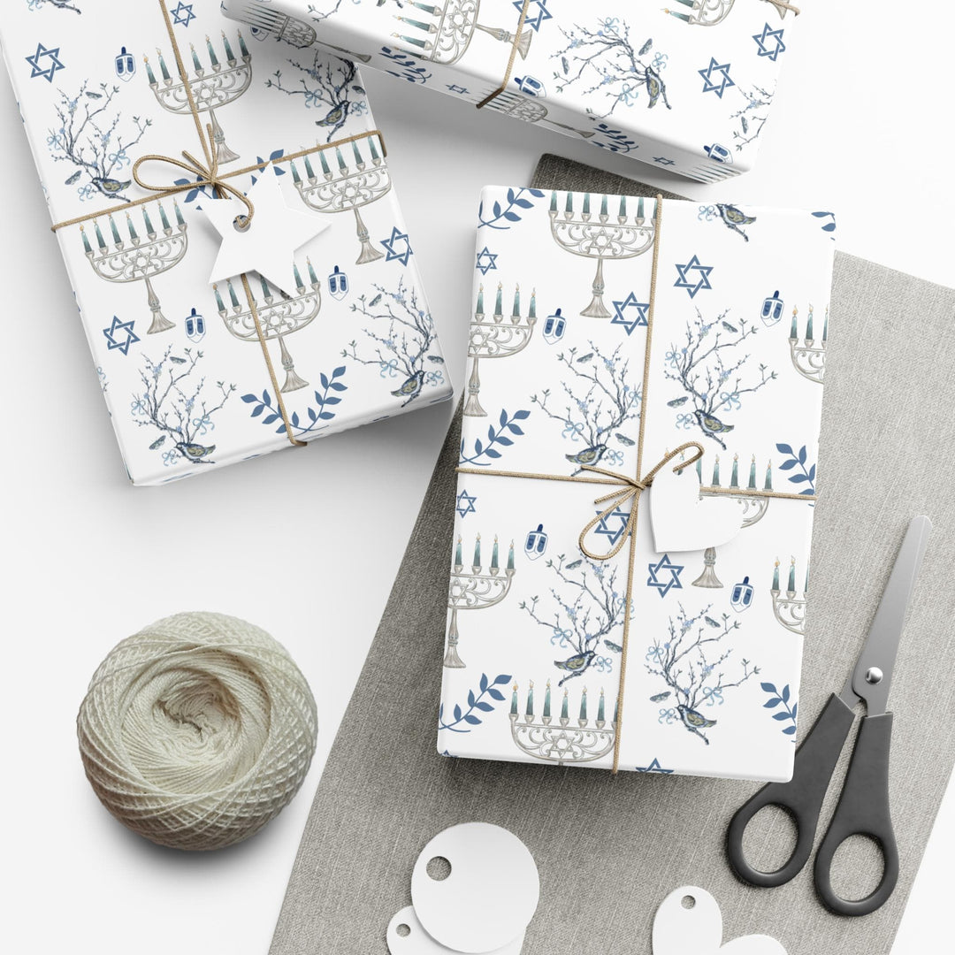 Hanukkah with elegant chinoiserie pattern and menorahs and dreidels and jewish stars on wrapping paper