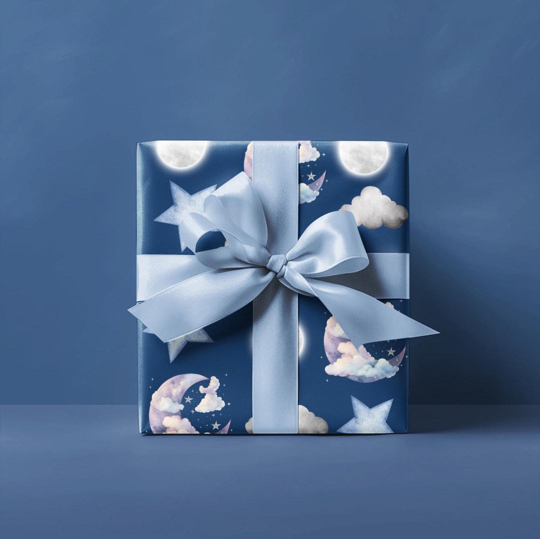 Dark blue wrapping paper with white clouds, white moon and light blue stars graphics, cute for nursery gifts or baby gifts