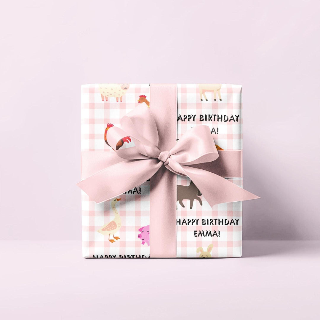 Pink gingham pattern with graphics of cute farm animals and Happy birthday text that can be personalized with any name