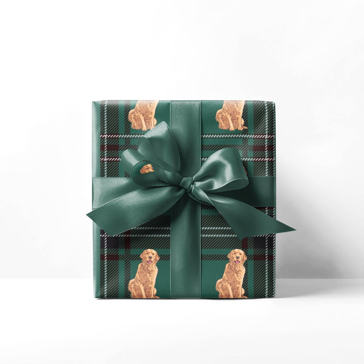 Green Plaid Patterned wrapping paper with a graphic of golden retrievers for dog lovers