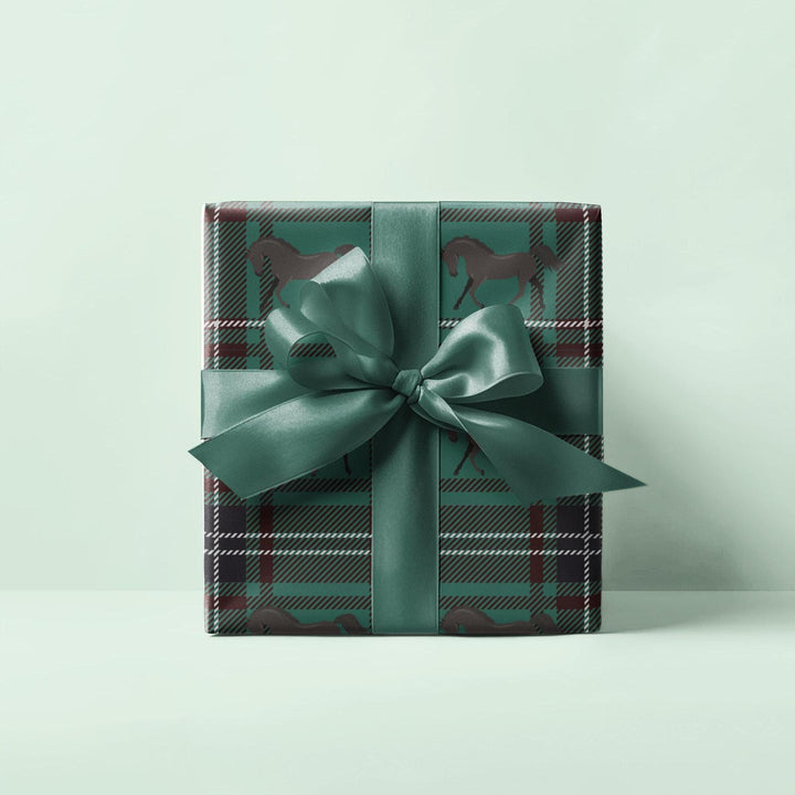 Green plaid with brown horse graphics wrapping paper