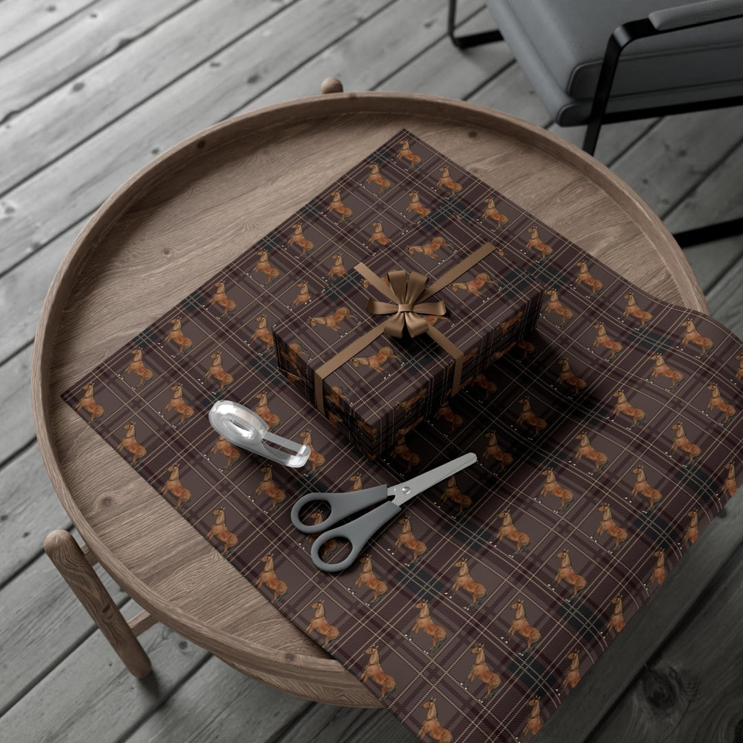 brown horse graphic on brown plaid patterned wrapping paper