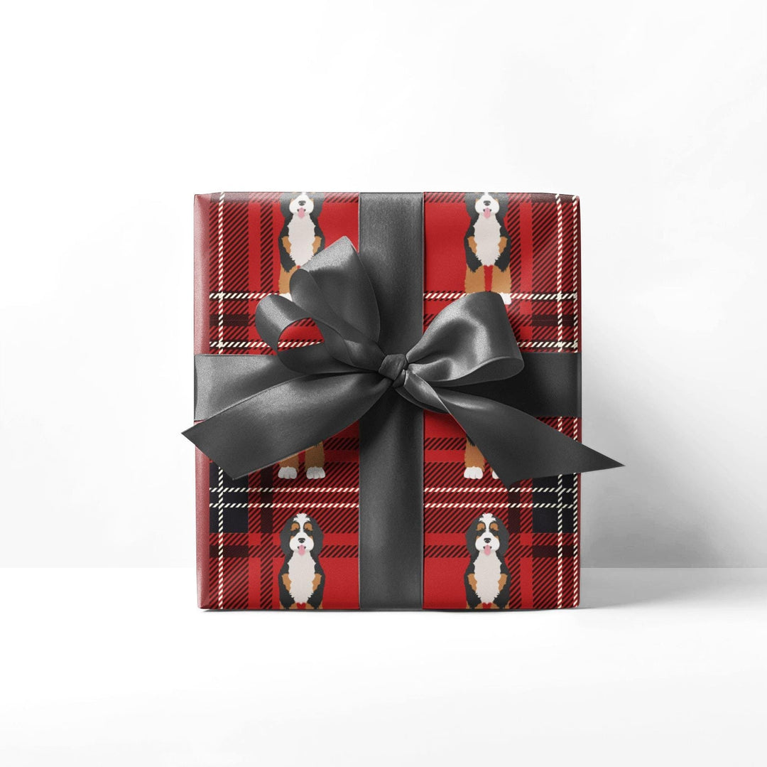 Red Plaid Pattern Wrapping Paper with Bernedoodle Graphic - red, white, black plaid