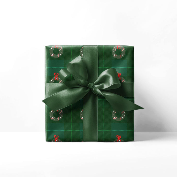 Green Plaid Christmas pattern wrapping paper with christmas wreath graphics