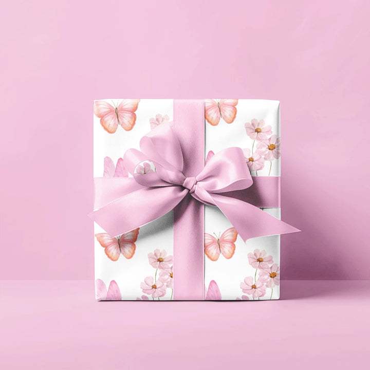 Pastel orange and pink flowers and butterflies on white background wrapping paper- elegant and beautiful! Perfect for a bridal gift or girl baby shower