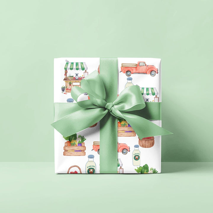 White wrapping paper with adorable watercolor graphics of fresh Produce, Market Stand & Farm Truck