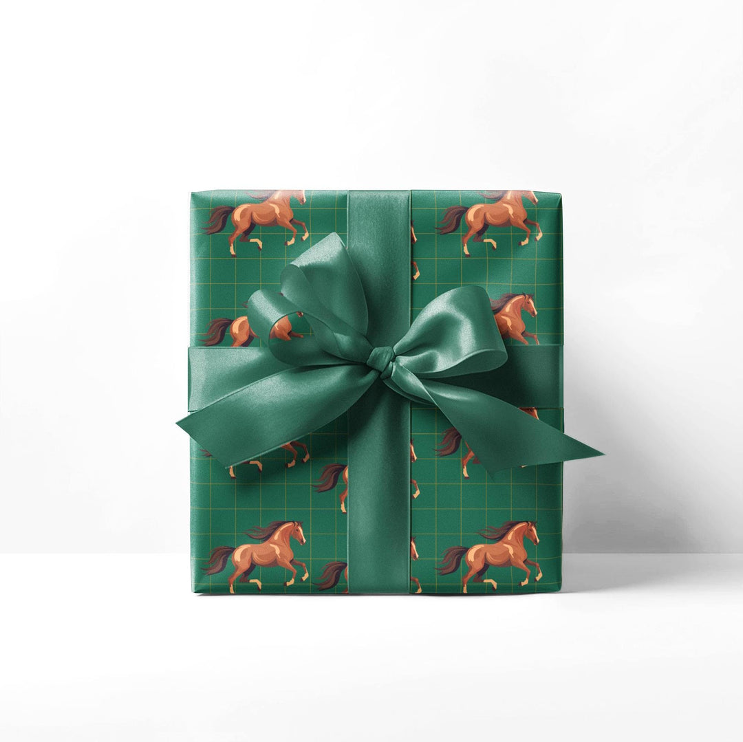 Watercolor graphic of Brown horses in a patterned wrapping paper with a green background with an elegant subtle check pattern