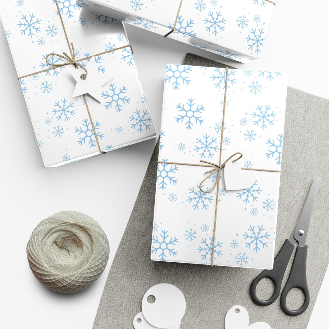 Blue snowflakes pattern on white wrapping paper- elegant and cute winter wonderland theme wrapping paper gift wrap