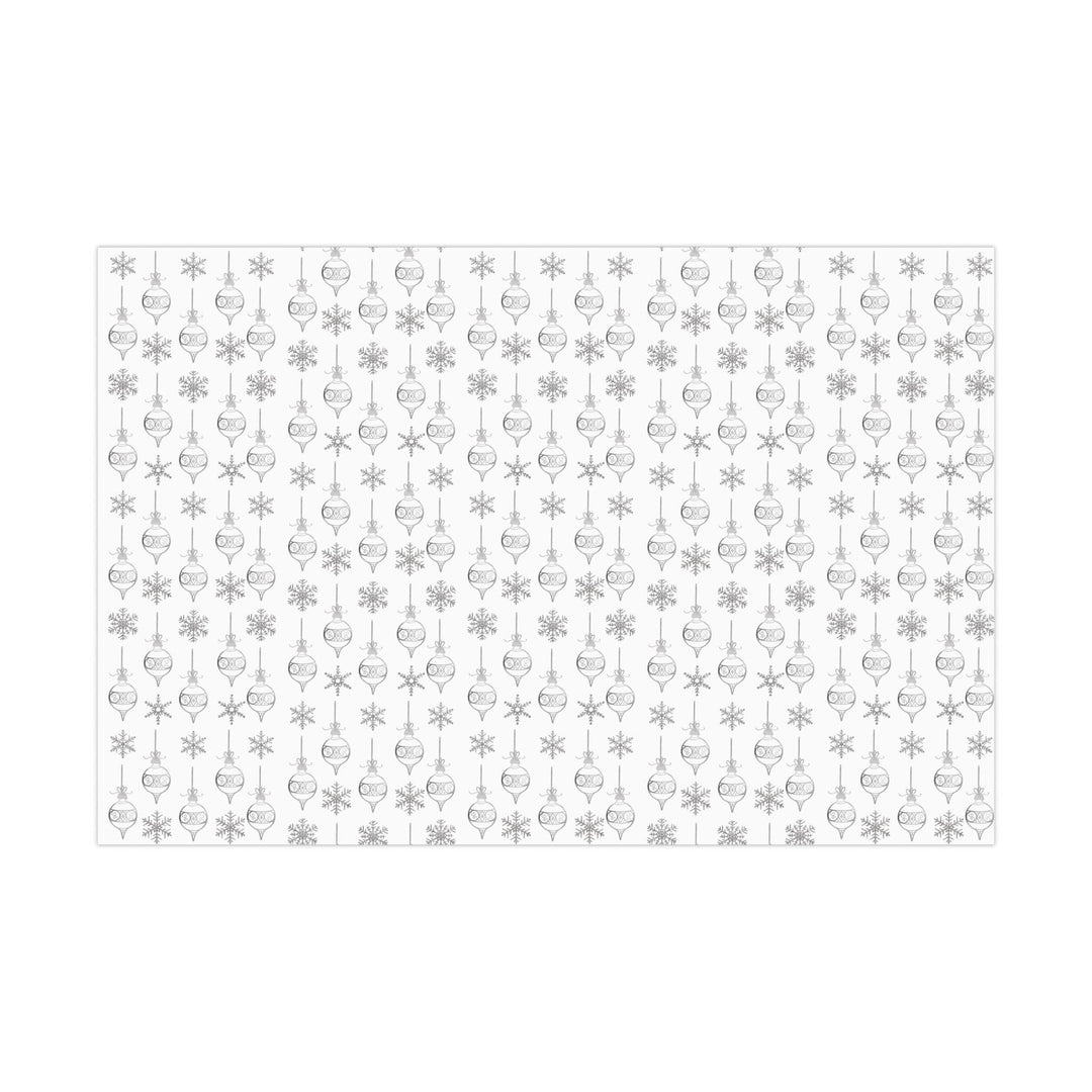 wrapping paper with white background and silver ornaments and silver snowflakes- subtle clean and elegant!