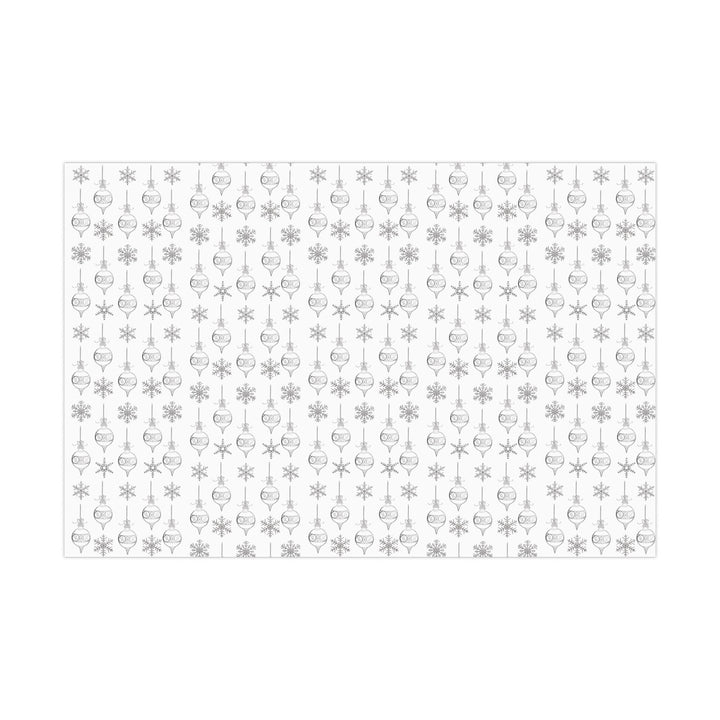 wrapping paper with white background and silver ornaments and silver snowflakes- subtle clean and elegant!