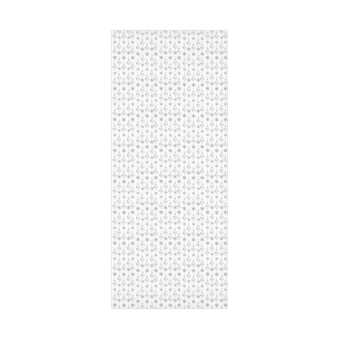 wrapping paper with white background and silver ornaments and silver snowflakes- subtle clean and elegant!