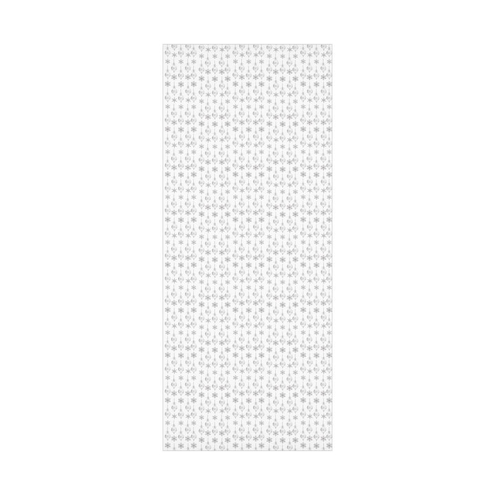 wrapping paper with white background and silver ornaments and silver snowflakes- subtle clean and elegant!