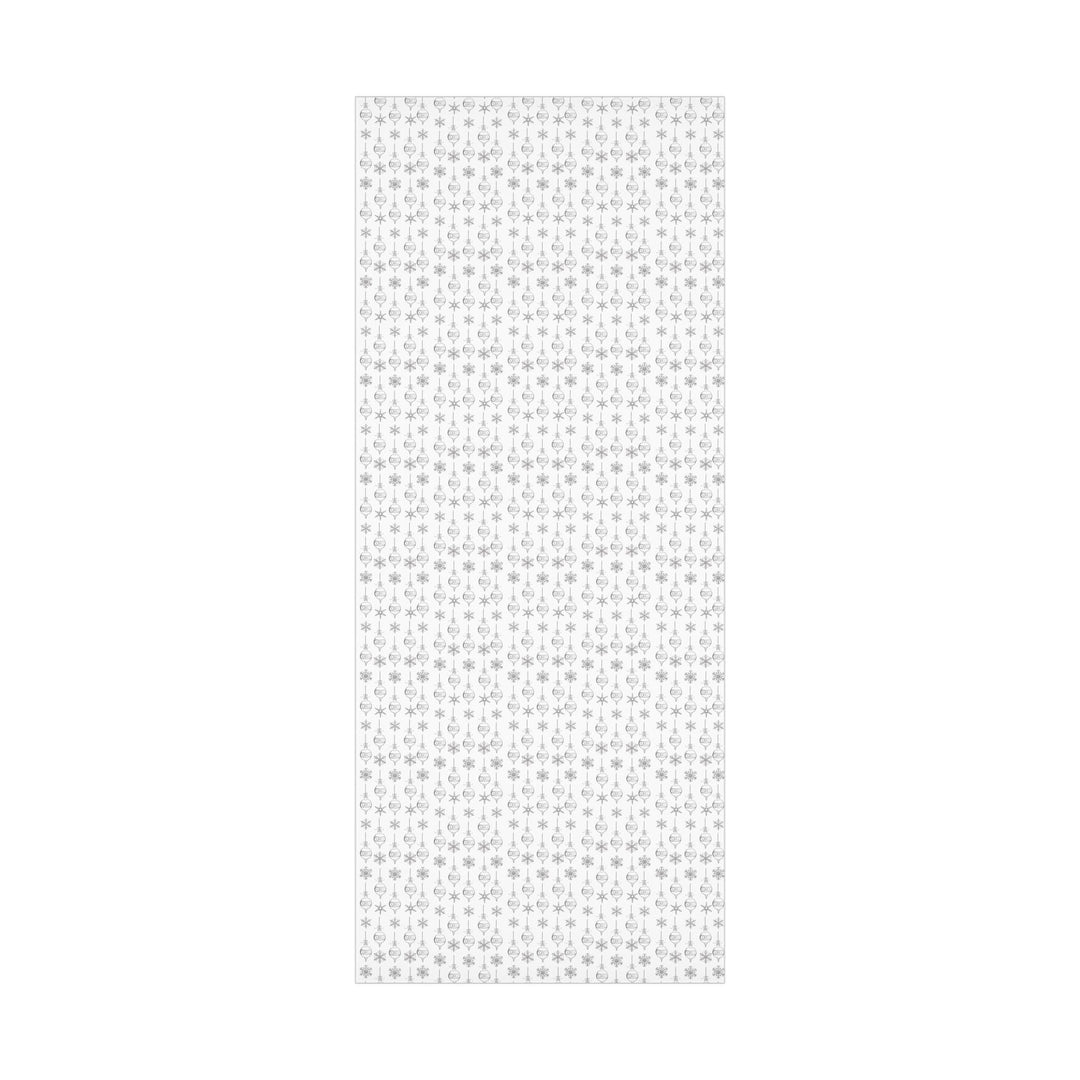 wrapping paper with white background and silver ornaments and silver snowflakes- subtle clean and elegant!