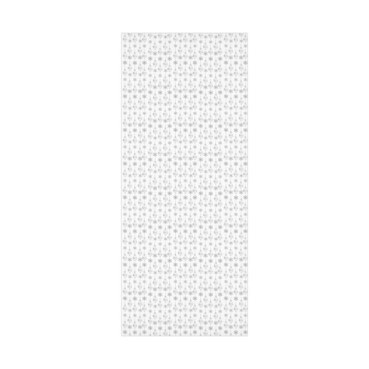 wrapping paper with white background and silver ornaments and silver snowflakes- subtle clean and elegant!