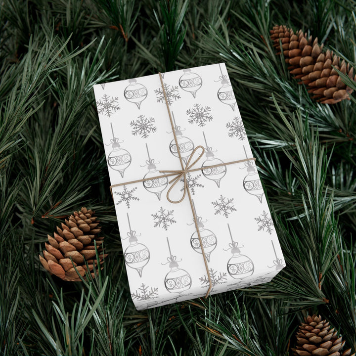 wrapping paper with white background and silver ornaments and silver snowflakes- subtle clean and elegant!