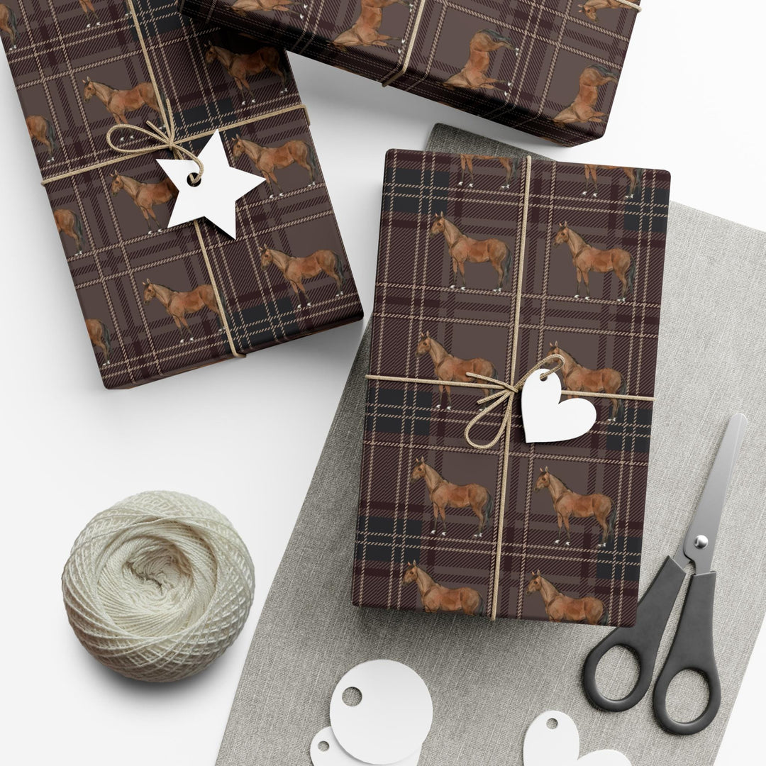 brown horse graphic on brown plaid patterned wrapping paper