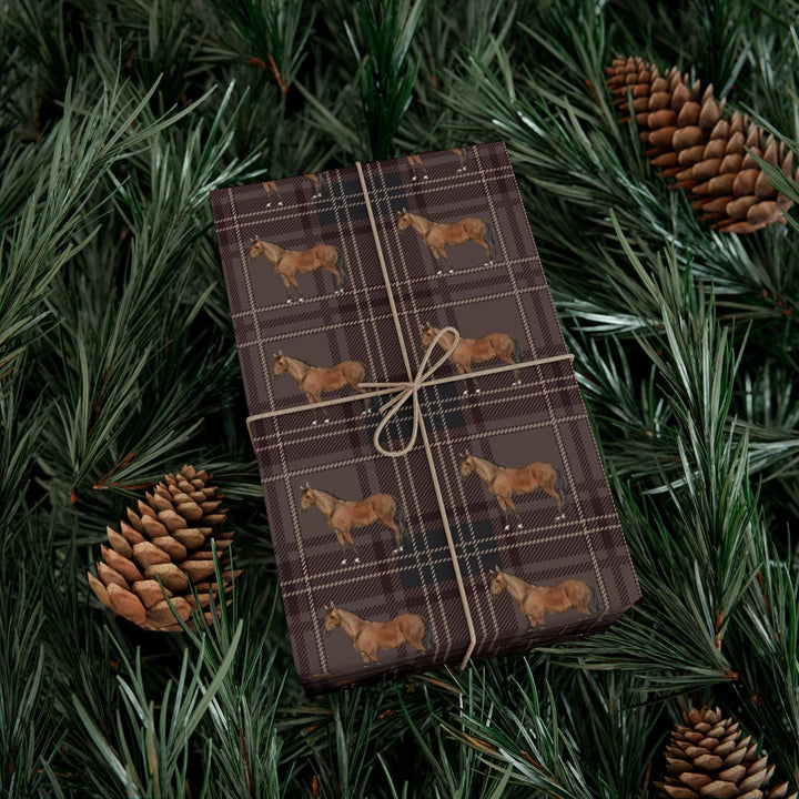brown horse graphic on brown plaid patterned wrapping paper