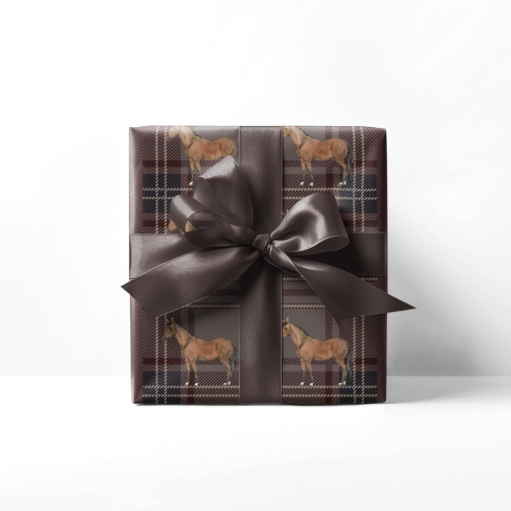 brown horse graphic on brown plaid patterned wrapping paper