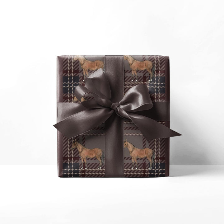 brown horse graphic on brown plaid patterned wrapping paper