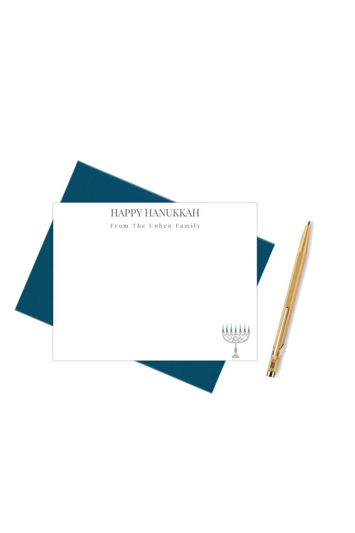 Happy Hanukkah notecards from the X family with a watercolor graphic of a menorah