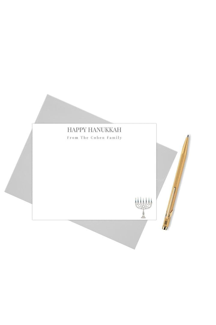 Happy Hanukkah notecards from the X family with a watercolor graphic of a menorah