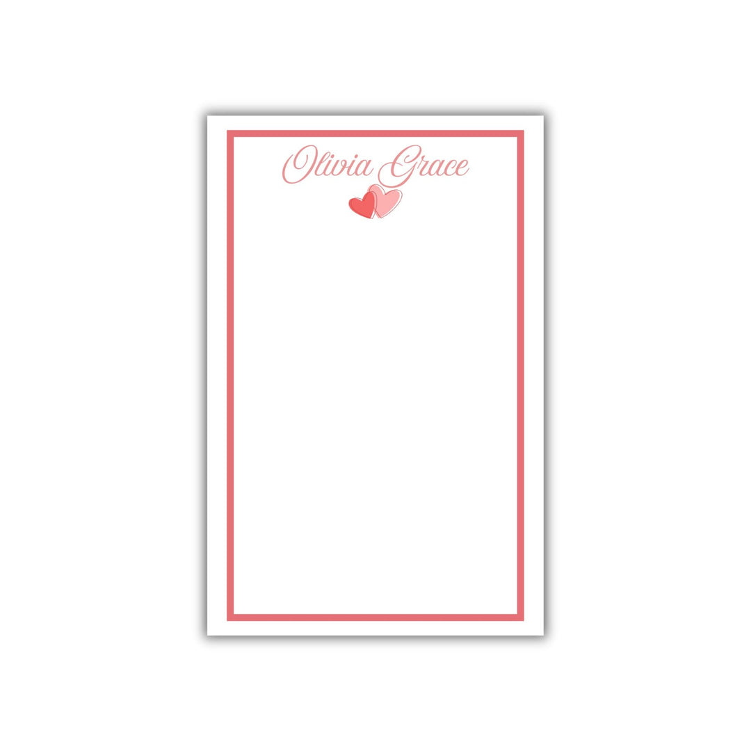 Personalized Valentine&#39;s Day Notepad with red border, pink text, and cute heart graphic in red and pink.