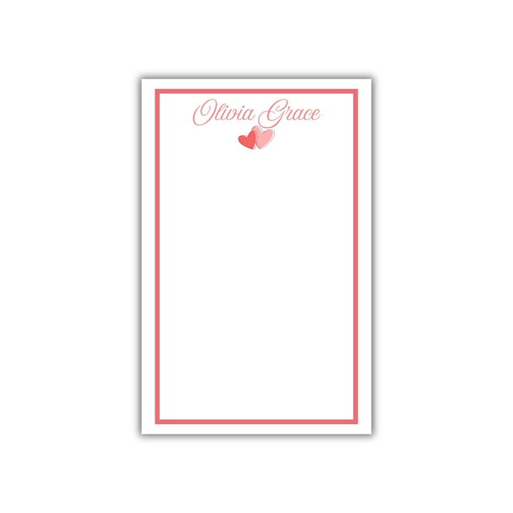 Personalized Valentine&#39;s Day Notepad with red border, pink text, and cute heart graphic in red and pink.