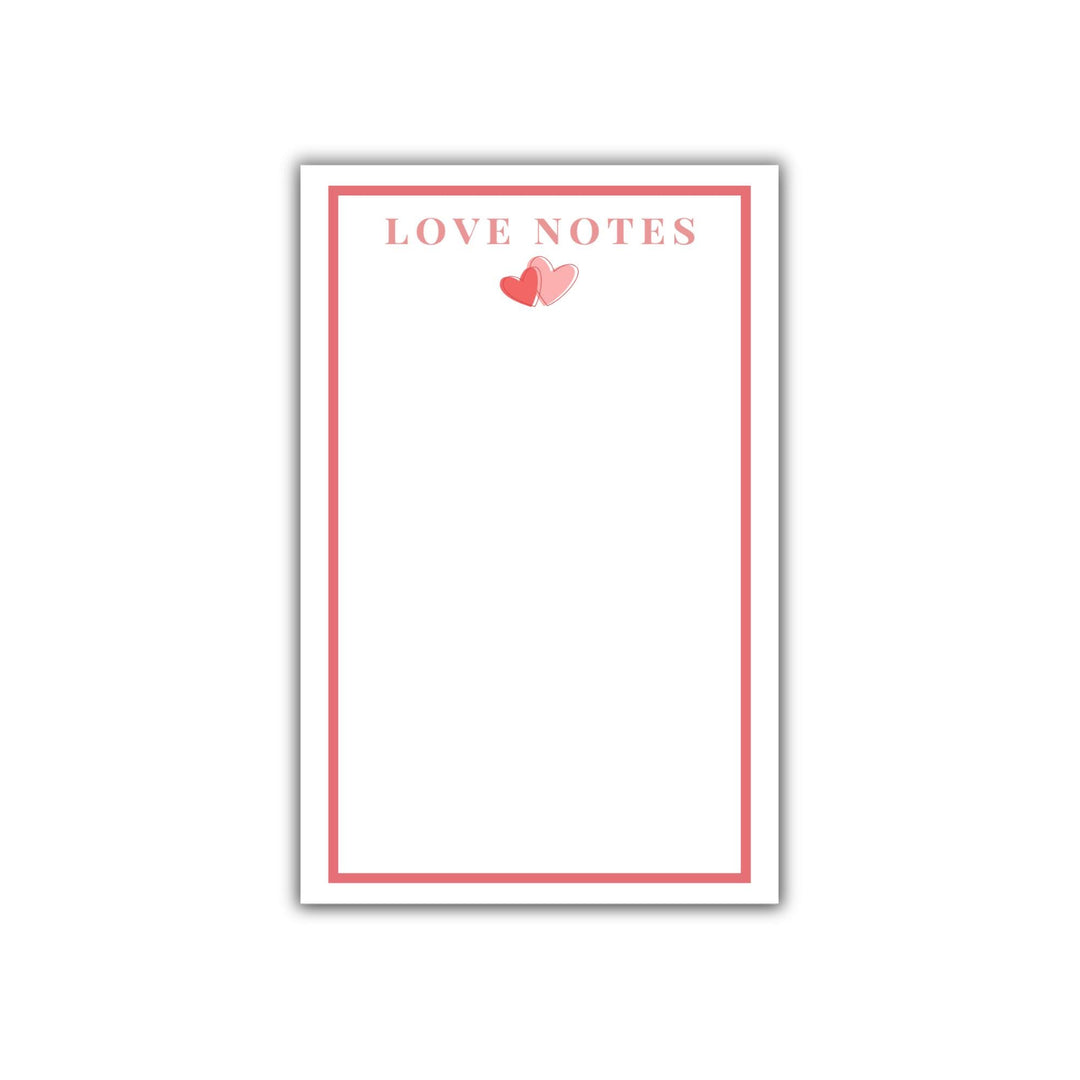 Custom Love Notes Notepad featuring a red border, pink text, and a playful heart graphic in pink and red.