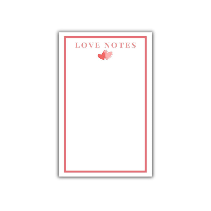 Custom Love Notes Notepad featuring a red border, pink text, and a playful heart graphic in pink and red.