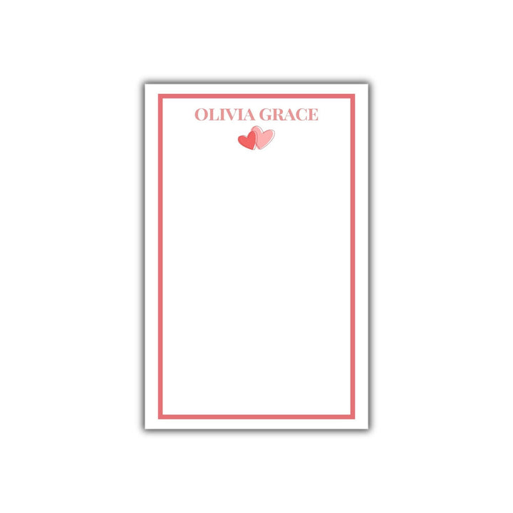 Personalized Valentine&#39;s Day Notepad with red border, pink text, and cute heart graphic in red and pink.