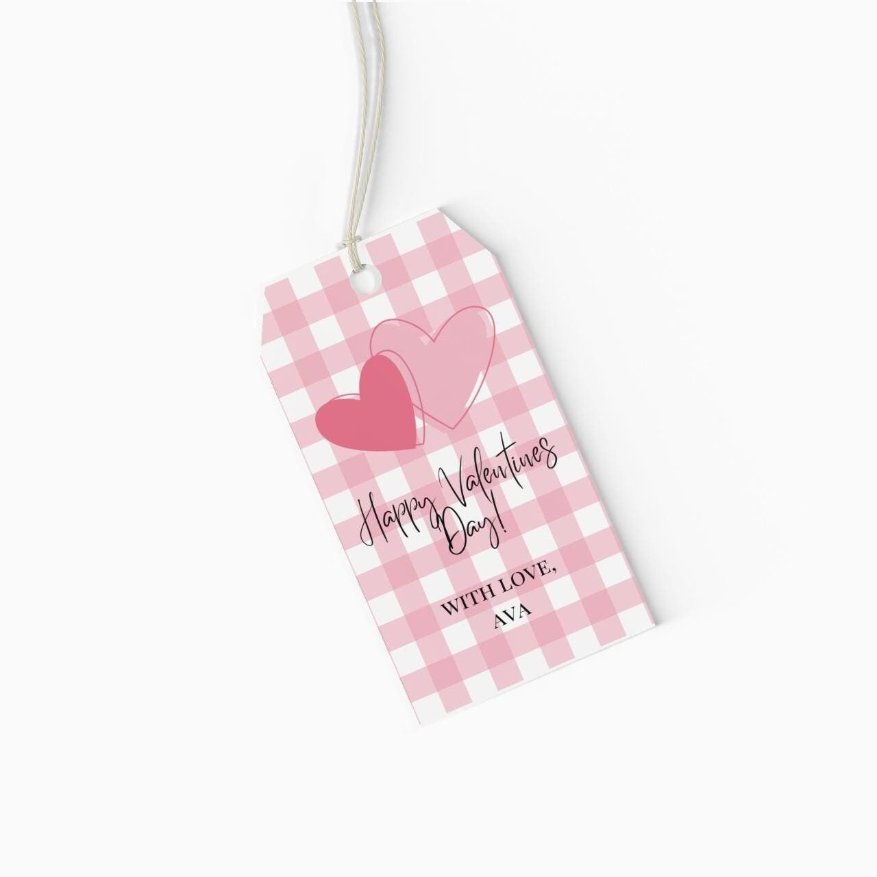 Personalized Pink Gingham Valentine&#39;s Day Gift Tags! Featuring a sweet pink gingham pattern and heart design, these tags are perfect for both kids and adults.