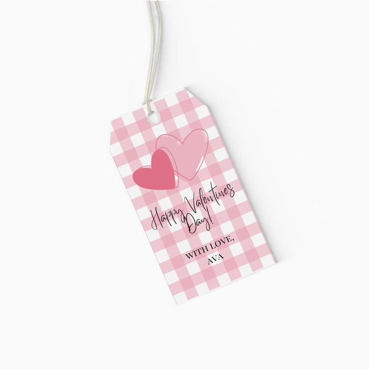 Personalized Pink Gingham Valentine&#39;s Day Gift Tags! Featuring a sweet pink gingham pattern and heart design, these tags are perfect for both kids and adults.