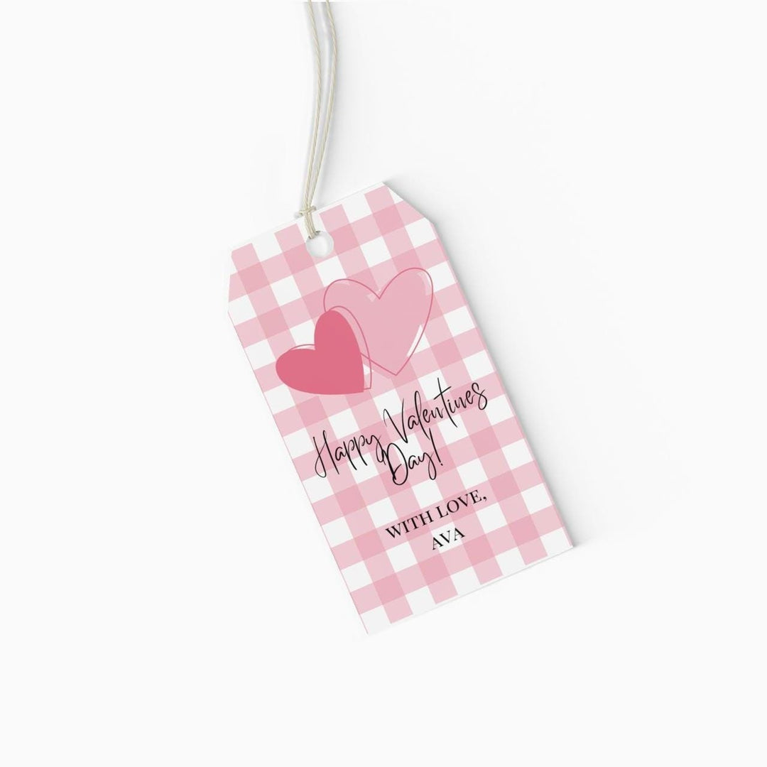 Personalized Pink Gingham Valentine&#39;s Day Gift Tags! Featuring a sweet pink gingham pattern and heart design, these tags are perfect for both kids and adults.